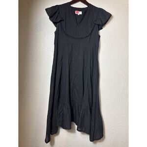 VIS À VIS Black Cotton Ruffle Trim Flutter Sleeve Midi Dress Size 2